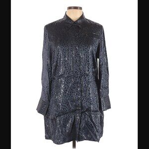 Chico’s Tunic Top 12 Silk Cheetah Animal Print Metallic Navy Blue Cocktail Party